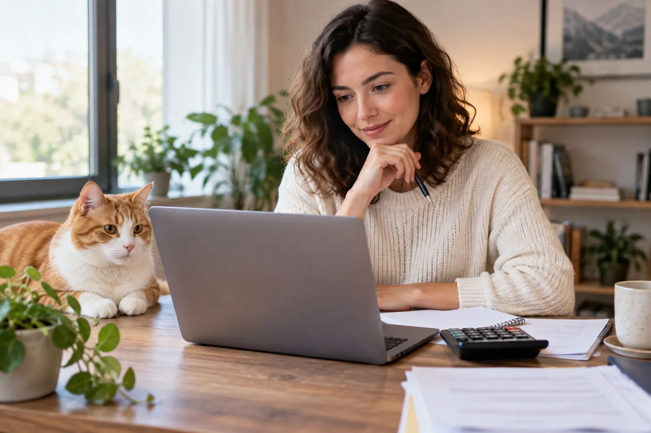 Owner reviewing a laptop with a cat beside her